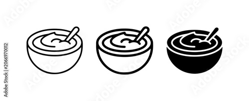 Bowl of Food Icons, Three Styles: Outline, Filled Outline, Solid Black, Spoon Included