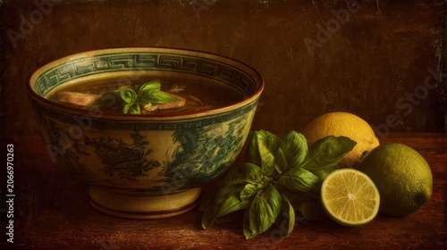 Aromatic Broth and Citrus: A beautifully presented bowl of rich, flavorful broth garnished with fresh basil leaves sits beside vibrant lemons and limes.