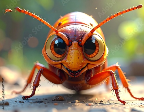 A close-up of a stylized insect with oversized eyes and vibrant orange coloration on a blurred natural background