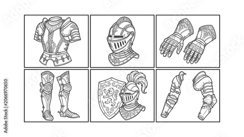 Schilderij op canvas Medieval knight armor set vector line art illustration with helmet shield breast
