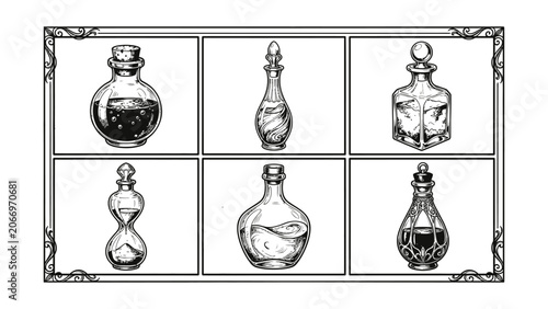 Vintage potion bottles vector set with magic flasks and hourglass in hand drawn engraving style