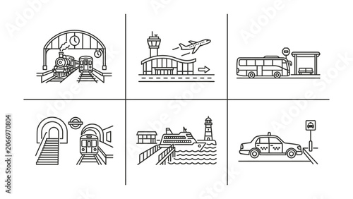 Public transportation and travel hubs vector line icon set featuring train station airport bus stop subway harbor and taxi stand