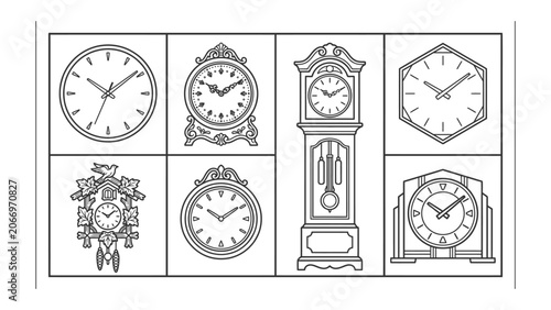 Clock line art vector icon set featuring grandfather clock cuckoo clock wall clock and vintage mantel clock designs