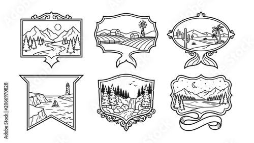 Vector line art landscape badges set with mountain farm desert coast waterfall and night lake scenes for logo design