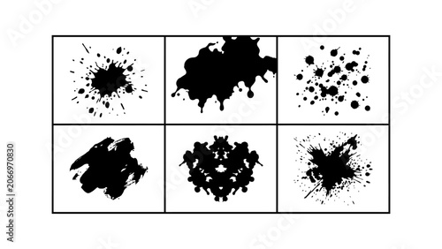 Black ink splatter and paint drip vector set with brush strokes and rorschach blot elements for graphic design