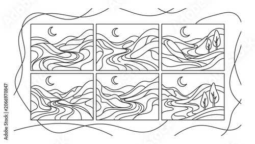 Abstract landscape line art vector set featuring hills mountains winding river and crescent moon for coloring book or wall decor