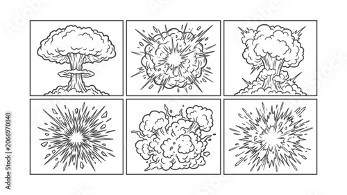 Comic book explosion and mushroom cloud vector line art illustrations set in panels for graphic design and manga effects