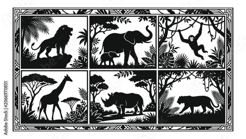 Photography African safari wild animals silhouette vector set with lion elephant monkey gira