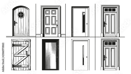 Vector line art illustration set of various house doors in different architectural styles including modern rustic and classic designs