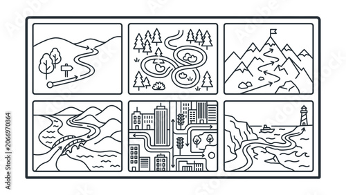 Vector line art icon set of winding paths and routes through various landscapes including mountains forest city and coast for journey and roadmap planning