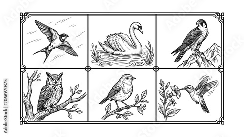 Vintage bird illustration set featuring hand drawn swallow swan falcon owl robin and hummingbird in engraving style vector