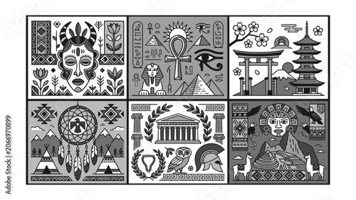 Vector illustration set of ancient world cultures and civilizations symbols including Egyptian Greek Japanese Native American African and Incan icons