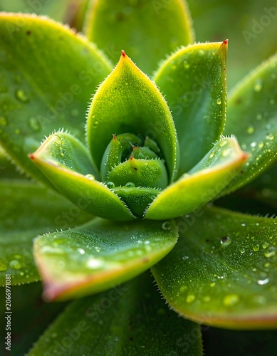 A close-up of a succulent with water droplets on green leaves