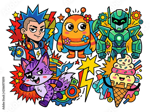 Colorful cartoon animals celebrating together happily.