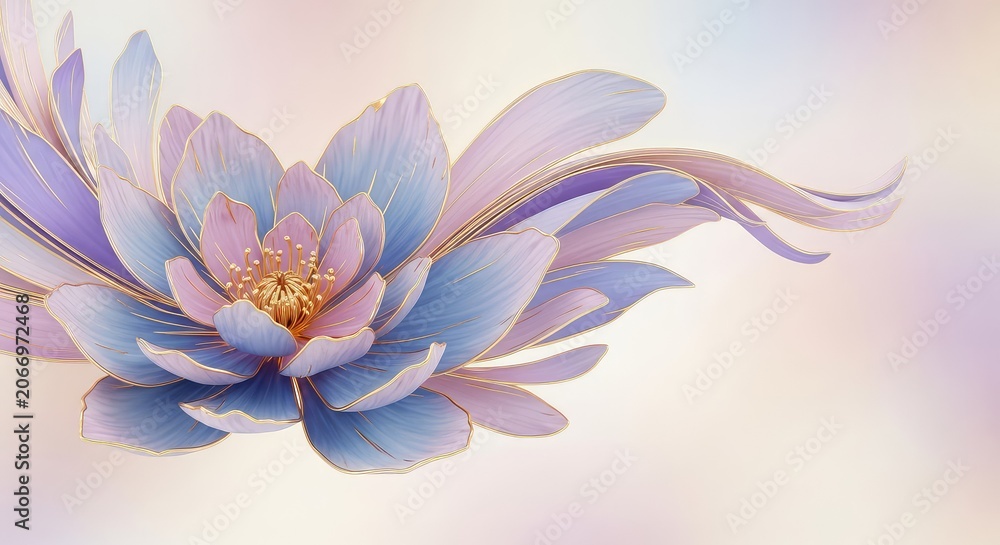 Obraz premium Elegant abstract floral composition featuring soft lavender and blue petals highlighted by shimmering gold accents on a dreamy background, artistic, creative, golden
