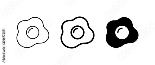 Fried Egg Icons, Simple Outline and Solid Black Vector Graphics for Breakfast and Food Concepts