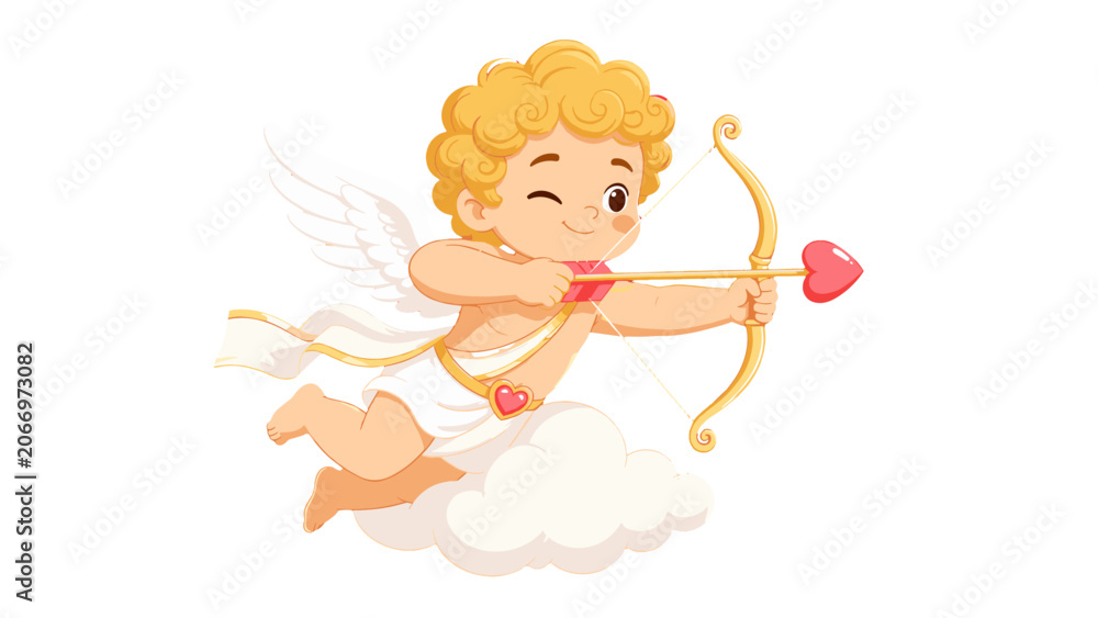Naklejka premium Cute winged cupid cartoon aiming a heart arrow on cloud