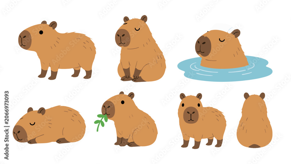 Obraz premium Cute capybara character set in simple flat vector style