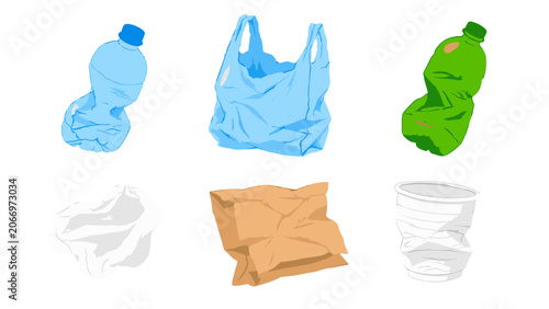 Bild auf Leinwand Set of crumpled plastic bottles bags paper and cup illustration