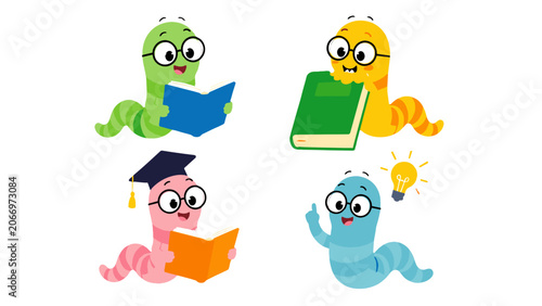Tableau sur toile Cute cartoon bookworm characters reading books and studying