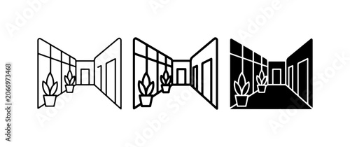 Modern Office Hallway Icons, Interior Perspective, Minimalist Design, Business Space