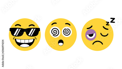 Foto Funny yellow face expression icons with sunglasses and dizzy eyes