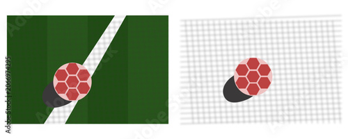 Abstract minimalist soccer ball vector illustration with top view of football on green field court line and net background for sports tournament banner