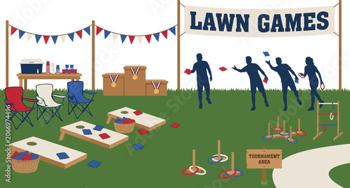 People play lawn games at a recreational tournament area decorated with banners and awards.
