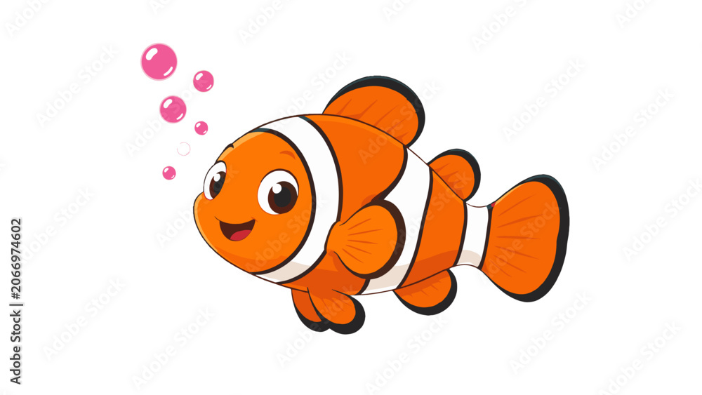 Obraz premium Cute cartoon clownfish with bubbles on white background