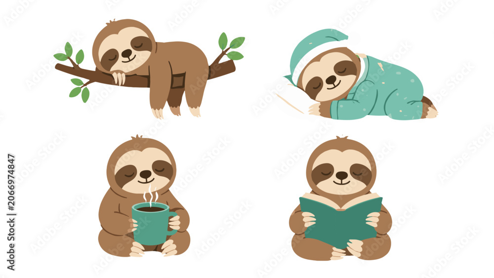 Fototapeta premium Cute cartoon sloth character set with sleeping poses