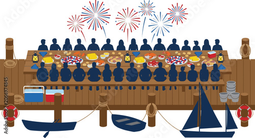 Pier dinner party features guests sitting at a long wooden table decorated for a nautical celebration under a sky with fireworks.
