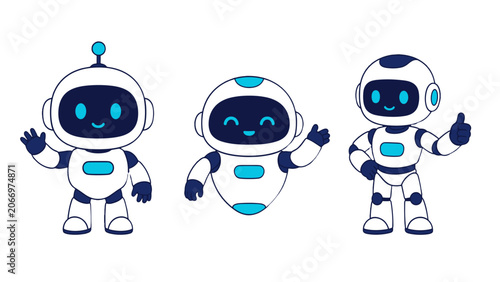 Foto Cute futuristic robot character set in flat vector style
