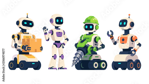 Bild auf Leinwand Cartoon industrial robot characters with tools and delivery box