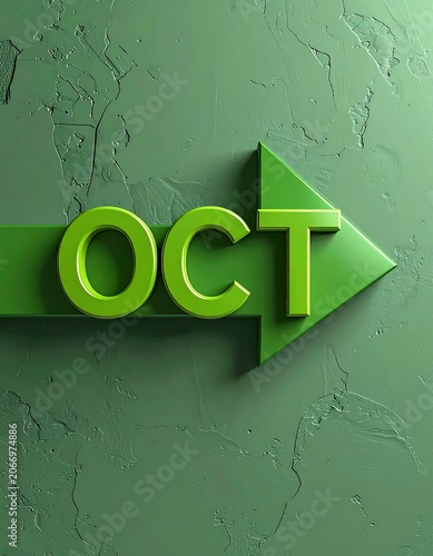 A close-up of a textured green wall with an arrow pointing right and the letters OCT