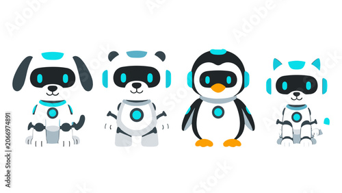 Cuadro en lienzo Cute futuristic robot animal mascot set in cartoon vector style