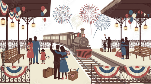 Passengers gather on a train station platform to watch fireworks during a national holiday celebration.