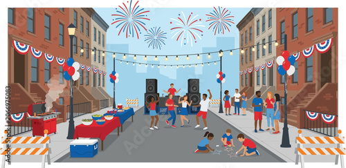 Community street party depicts neighbors enjoying food and music in a festive urban setting decorated with red white and blue.