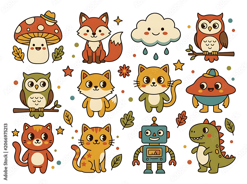 Obraz premium Cartoon collection of cute animated animals in winter clothing.