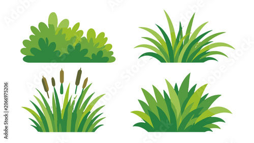 Valokuva Set of cartoon green grass and bush plants isolated
