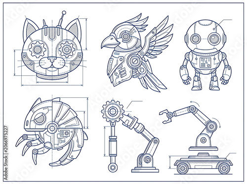 Vector illustration of various mechanical devices and robots.