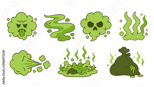 Foto Cartoon green stink clouds and toxic odor smoke set