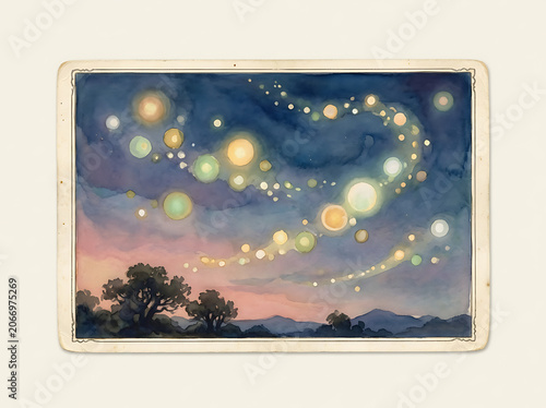 Colorful glowing bokeh lights in night sky.
