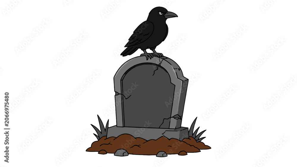 Obraz premium Black raven perched on cracked gravestone cartoon vector