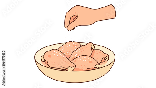 Canvas Print Hand sprinkling seasoning over raw chicken wings in a bowl