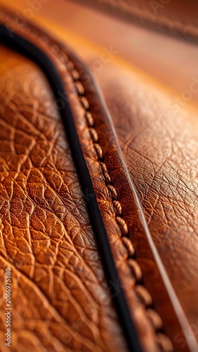 A close-up of a textured, stitched brown leather surface
