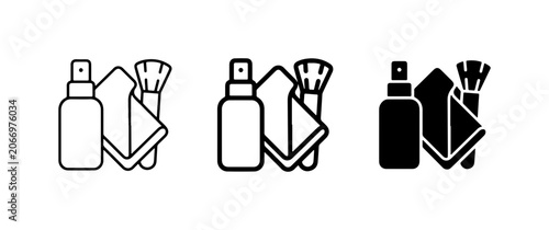 Photos Cleaning Supplies Icons: Spray Bottle, Microfiber Cloth, Brush Set, Vector Graph