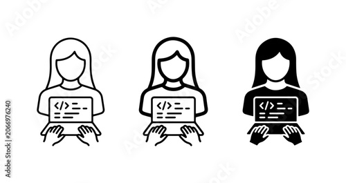 Diverse Female Coders, Programmers, Developers with Laptops, Vector Icons Set