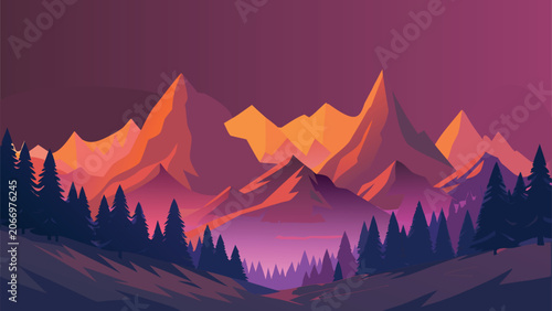 Majestic mountain range at sunset with pine forest and vibrant purple sky vector illustration