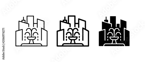 Cityscape Fountain Icons, Urban Water Feature Symbols, Modern City Buildings, Public Space Design