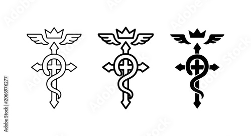 Alchemy Symbols Set, Caduceus Winged Cross Icons, Esoteric Emblem Vector Graphics